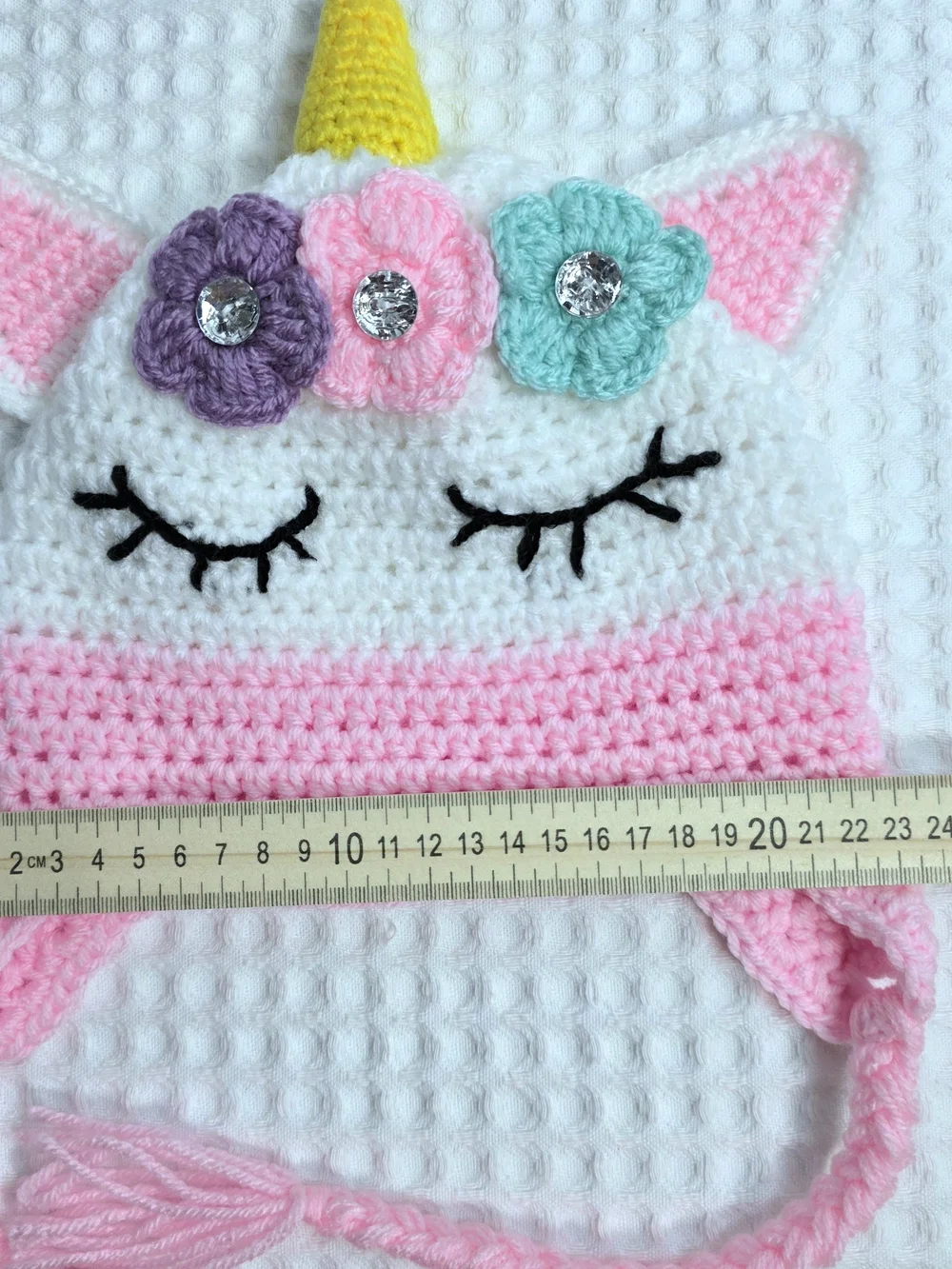 Crocheted Unicorn Earflap Hat in Pink and White 1-3 Years Old